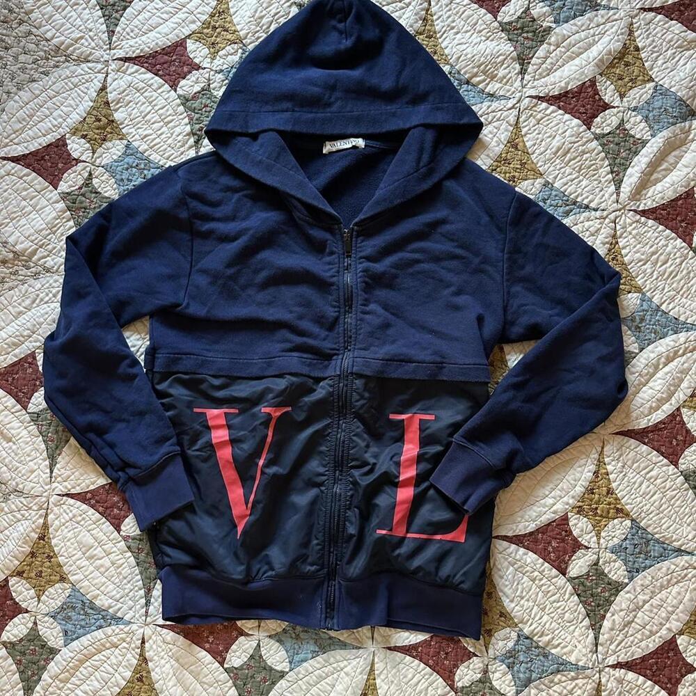 Authentic Valentino luxury navy zip hoodie with red lettering size S